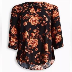 TORRID. Orange and Black Floral Tunic with Cuffed Sleeves